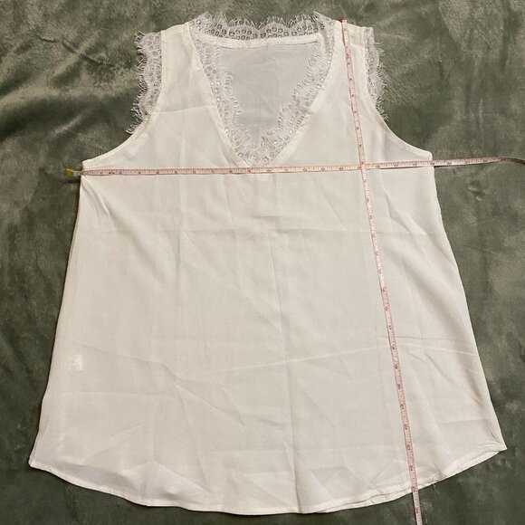 Women Sheer Chiffon Lace Trim V-Neck Sleeveless Blouse Small White Curve Hem - Picture 3 of 16